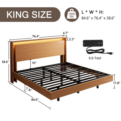 Einhomn King Size Bed Frame with LED Lights & Charging Station – Wood Floating Bed Frame with Storage Headboard, Adhesive Slats, Kick-Free & Noise-Free Design, Easy Assembly, Walnut