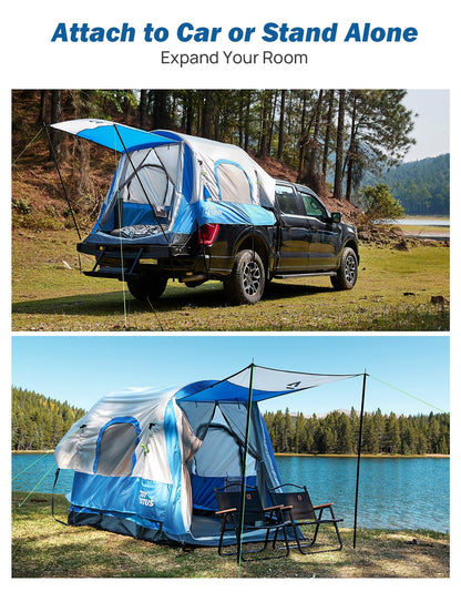 JOYTUTUS Inflatable Truck Bed Tent 5.5FT with Awning, Includes Air Pump for Quick 30 S Setup, Dual-use Pickup or Camping Tent for 2 Person, Waterproof Roof Shade and 3 Windows, Gray Blue