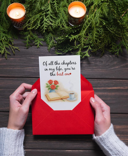 Anniversary Card – Romantic Greeting Card with Roses, Book & Coffee Design – 5x7 Inch Folded Card with Envelope & Sticker – Love Card for Husband, Wife, or Couple – Valentines Day or Wedding Anniversary