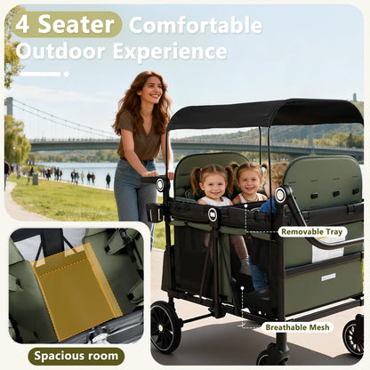 Kinder King Wagon Stroller for 4 Kids, All-Terrain Foldable Outdoor Stroller Wagon 4 Seater, Removable Canopy, Adjustable Handle, Detachable Tray, Large Storage, Green