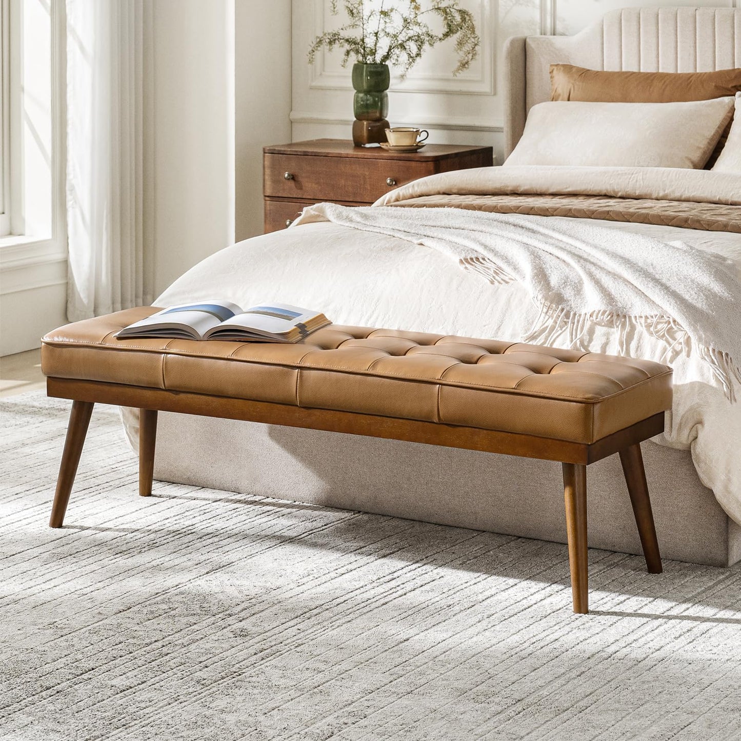 HULALA HOME 55.5" Genuine Leather Bench, Button-Tufted Entryway Bench with Solid Wood Legs, Upholstered End of Bed Bench for Bedroom, Camel