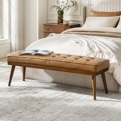 HULALA HOME 55.5" Genuine Leather Bench, Button-Tufted Entryway Bench with Solid Wood Legs, Upholstered End of Bed Bench for Bedroom, Camel