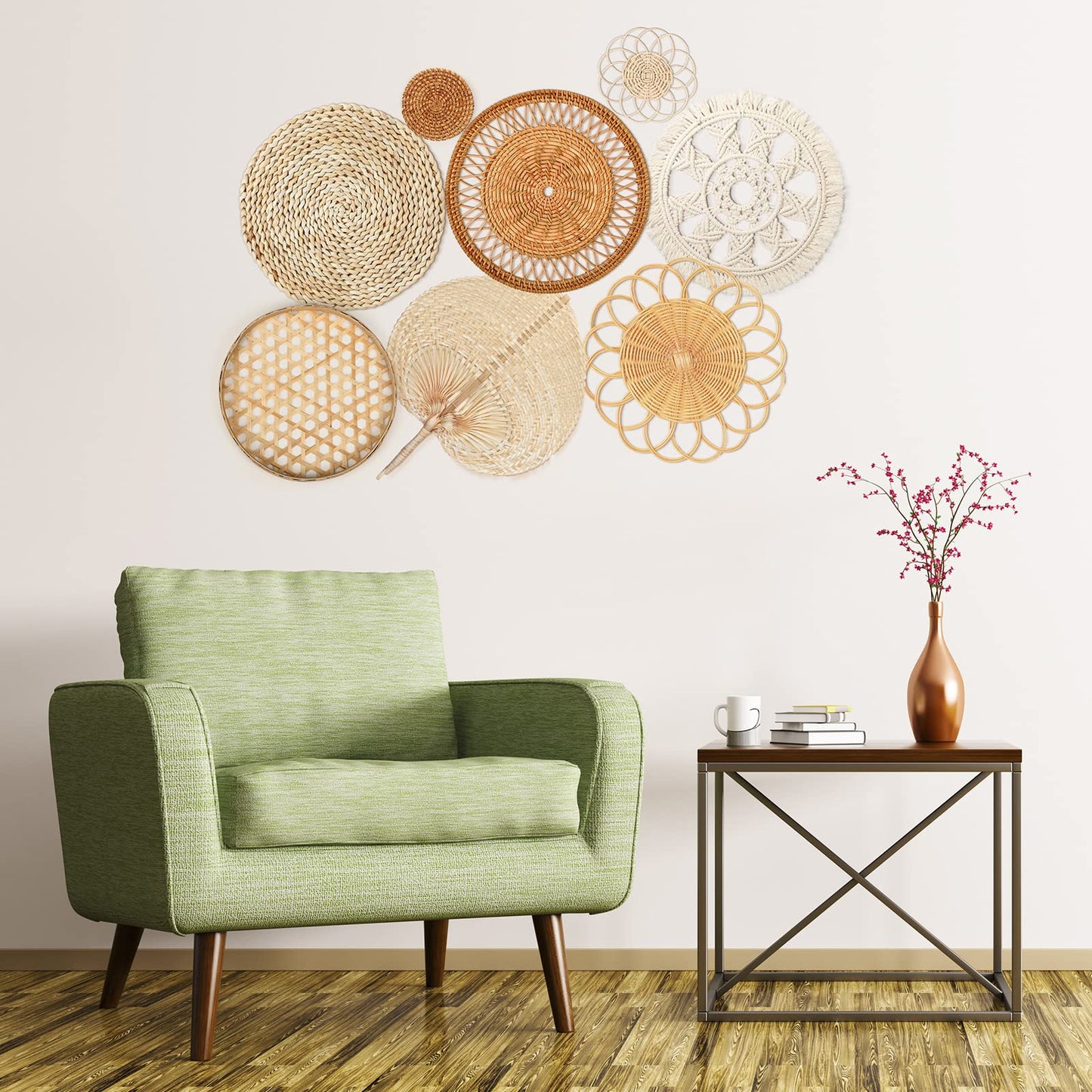 Tatuo 8 Sets Boho Wall Basket Decor Woven Rattan Flat Baskets Round Handmade Wicker Bamboo Hanging Rustic Elegant Tassels Wall Art for Farmhouse Bedrooms Living Rooms Table Kitchen Decorations