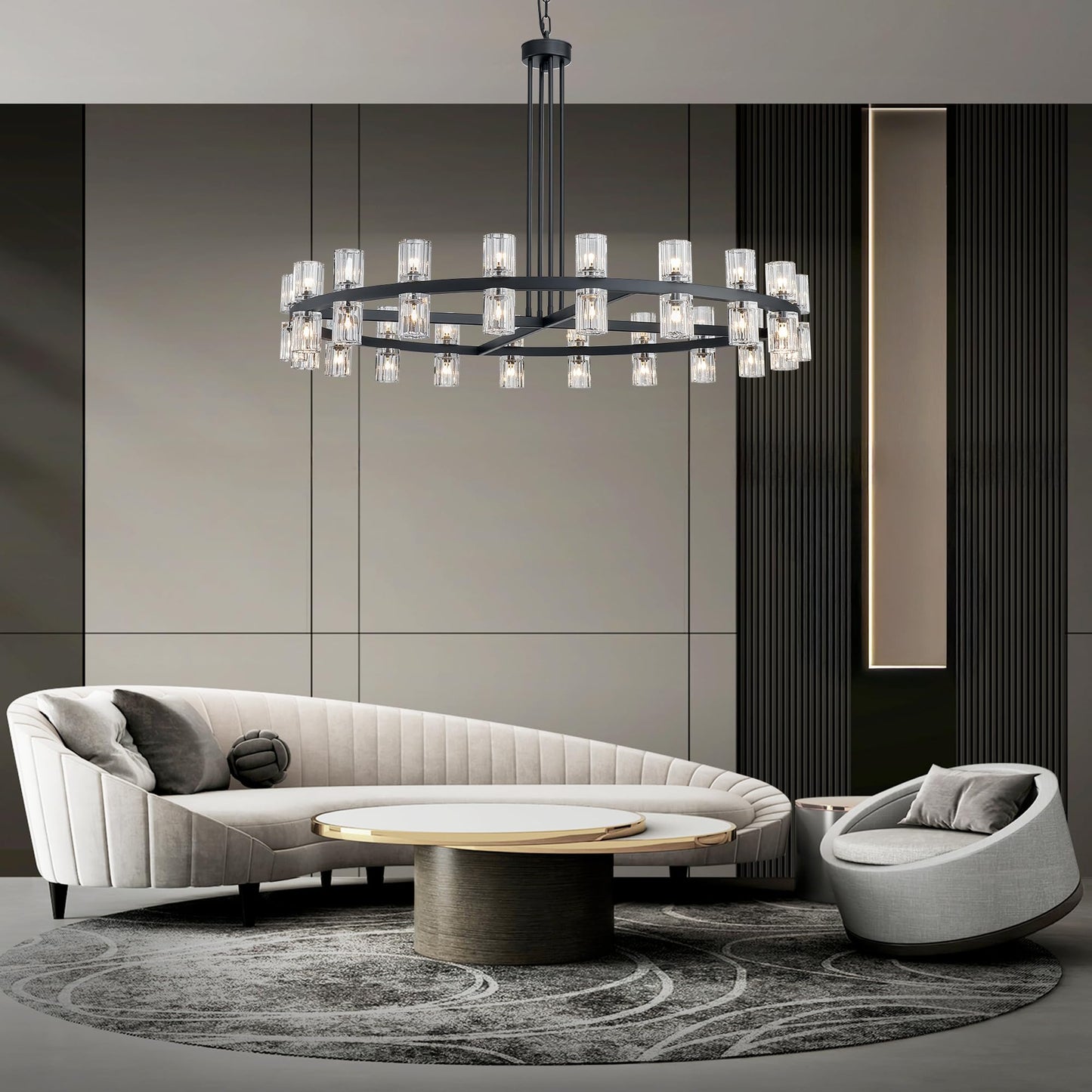SHEKAITAO 48" Black Wagon Wheel Crystal Chandelier, Modern Round Chandelier for Dining Room Table, K9 Crystal Ceiling Chandelier for Living Room Entryway Foyer, Includes 40× G4 Bulbs