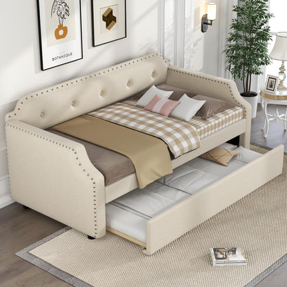 Merax Upholstered Daybed with Trundle, Wood Slat Support,Upholstered Frame Sofa Bed, Twin, Beige