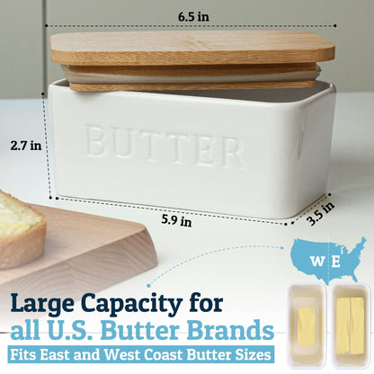 PriorityChef Extra Large Butter Dish with Lid for Countertop, Ceramic Butter Container With Airtight Cover, Butter Keeper for Counter or Fridge, Butter Holder Storage, White
