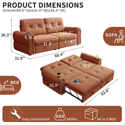 KEIKI 3 in 1 Sleeper Sofa Bed, 80.4" Pull Out Couch, Loveseat Sofa Futon Bed with USB Port for Living Room, Bedroom, Apartment, Orange