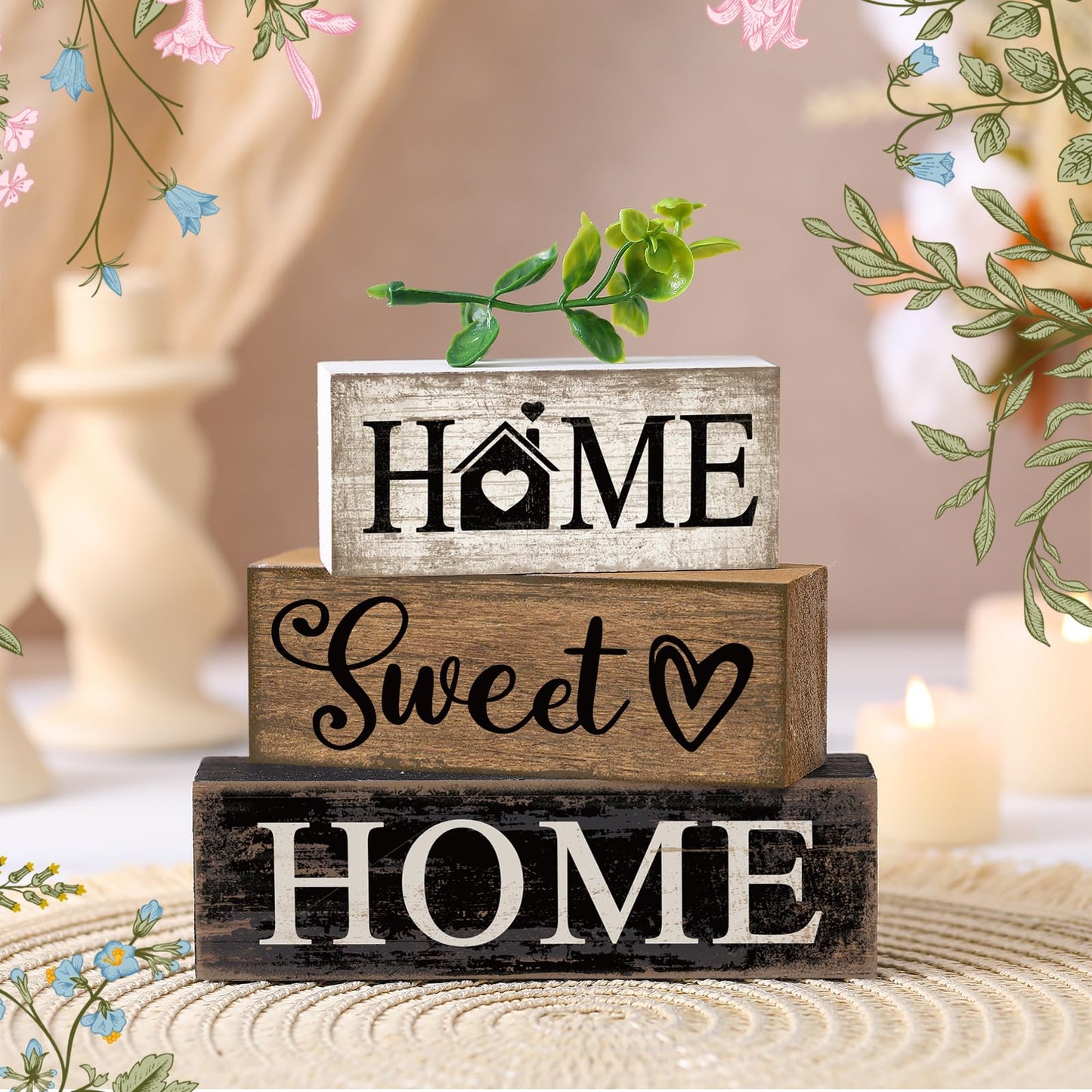 Briwooody 4 Pcs Farmhouse Wooden Table Decor Reversible Sweet Home Tiered Tray Decor Rustic Eucalyptus Leaves Wood Block Sign Gifts for Home Table Kitchen Shelf Decoration
