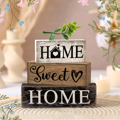 Briwooody 4 Pcs Farmhouse Wooden Table Decor Reversible Sweet Home Tiered Tray Decor Rustic Eucalyptus Leaves Wood Block Sign Gifts for Home Table Kitchen Shelf Decoration