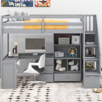KTATK Twin Size Loft Bed with Storage Shelves and Under-Bed Desk,Bedroom Multifunctional Bed Frame w/Solid Wood Slat Support & Full-Length Guardrail,for Adult Boy Girl Teen,White