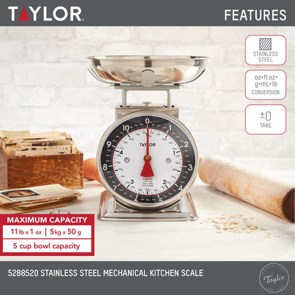 Taylor Mechanical Kitchen Food Scale with Bowl, Weighs Up to 11lbs, Measures in Grams and Ounces, Analog Cooking Scale for Baking, Black and Silver