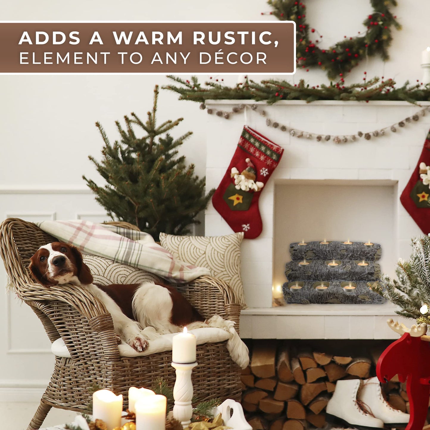 Castaway Faux Fireplace Logs Candle Holder — Realistic Rustic Wood Log Centerpiece with 12 Tea Light Candles, Safe, Smoke-Free ambiance, Authentic Wood Texture, and and Low Maintenance