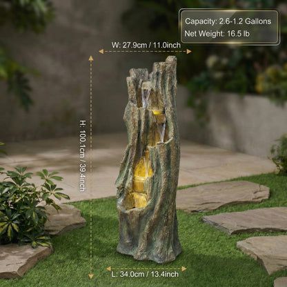 mdj pottery 39.4 Inch Tall Cascading Water Fountain Outdoor, 5-Tiered Resin Outdoor Fountain with Warm White LED Lights, Rustic Weather-Resistant Tree Trunk Waterfall for Patio Yard Garden - Grey
