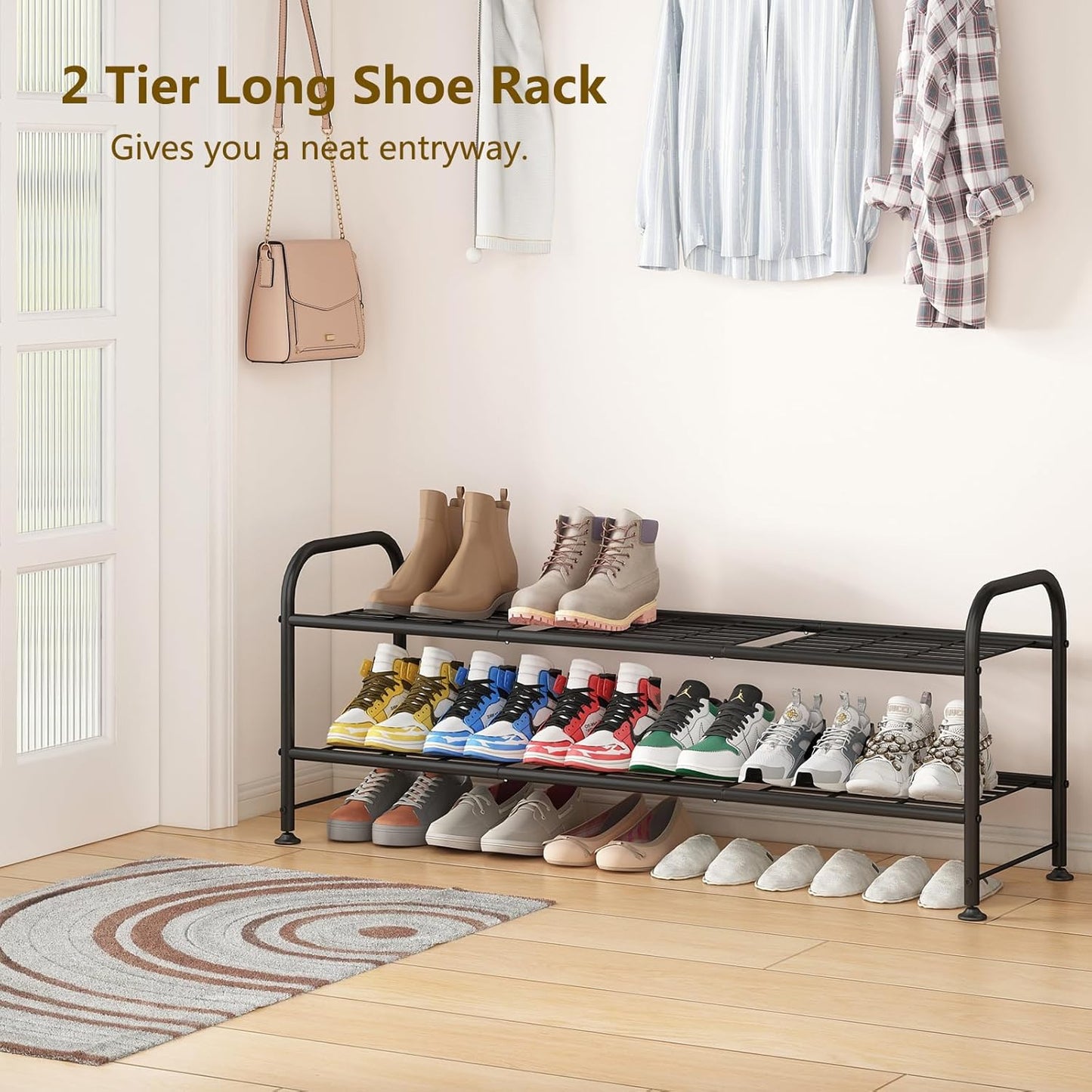 2 Closet LINZINAR Shoe Rack Tier Storage Organizer for Entryway Metal Black
