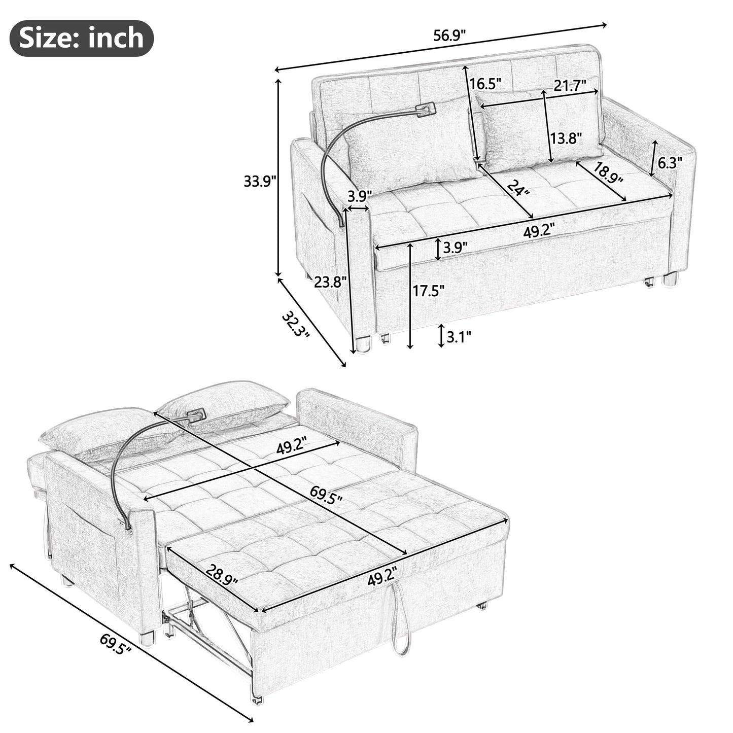 Merax 3 in 1 Convertible Sleeper Sofa Bed, Futon Couches for Living Room with USB Ports | Phone Holder| Reversible Backrest | Pull Out Couch |Small Loveseat, Brown
