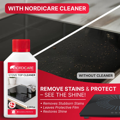 Nordicare Stove Top Cleaner Glass Ceramic - Induction Cooktop Cleaner Polish And Protector For Everyday Use - No Scrubbing Pad Needed - Leaves Protective Film - Made In Denmark (8.45oz)