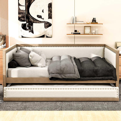 GDFStudio Full Size Upholstered Daybed with Trundle, Linen Sofa Bed with Nailhead Trim, Wood Frame Slat Support, No Box Spring Needed, Space Saving Guest Bed for Bedroom Living Room