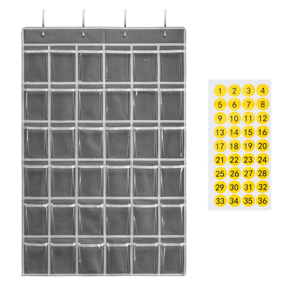 SAVERHO 36 Clear Pockets Classroom Pocket Chart for Cell Phones and Calculator Holder, Pocket Chart for Classroom Phone Holder with Number Stickers and Hooks (Grey)