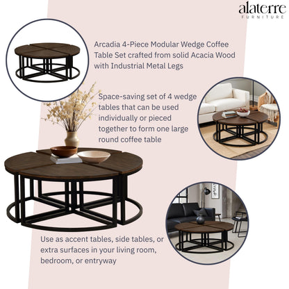 Alaterre Furniture Arcadia Round Acacia Wood Nesting Tables – 4-Piece Modular Wedge Coffee Table Set with Industrial Metal Legs – Living Room Accent Tables with Space-Saving Design (Antiqued Mocha)