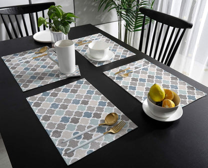 ALAGEO Retro Moroccan Plaid Placemats Set of 6 for Dining Table, Cotton Linen Geometric Quatrefoil Blue Beige Grey
