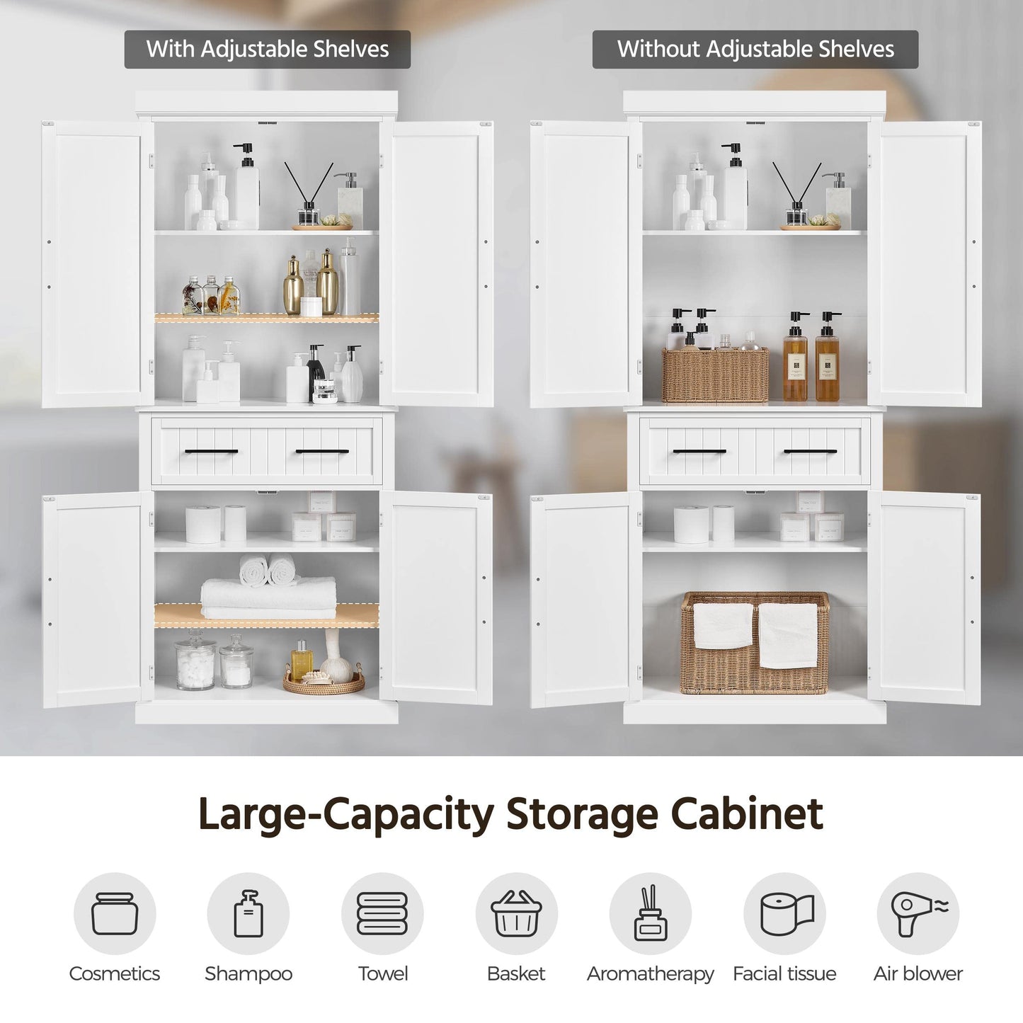 Yaheetech 72.5" Bathroom Floor Cabinet Wooden Storage Organizer with 4 Doors and 1 Drawer, Free-Standing Cupboard for Kitchen/Living Room/Bathroom Use, White