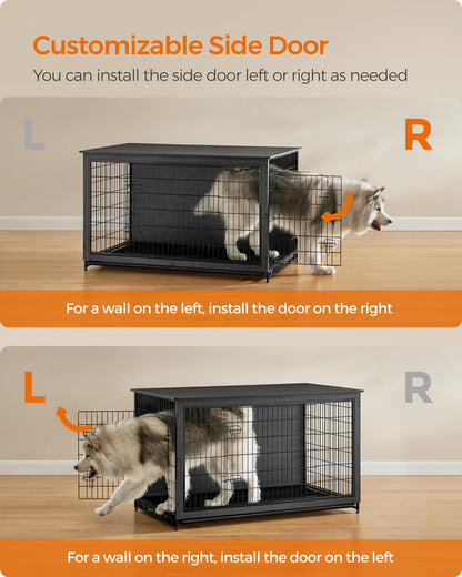 Feandrea 56.1" Dog Crate Furniture, Indoor Dog Cage Side End Table, XXL Pet Wood Kennel for Large and Medium Dogs up to 105 lb with Multi-Purpose Removable Tray, Double-Door Pet House, Ink Black