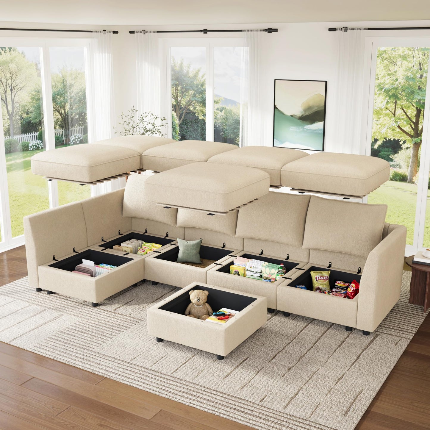 HONBAY Modular Sectional Couch L Shaped Sectional Sofa with Storage, Convertible Couches for Living Room - Beige