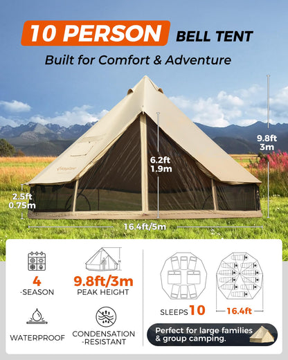 KingCamp Glamping Tent for 4 Seasons, 13.2ft/16.4ft Large Waterproof & Windproof Luxury Bell Yurt Tent w/Stove Jack, Spacious for Family Camping Hunting Parties