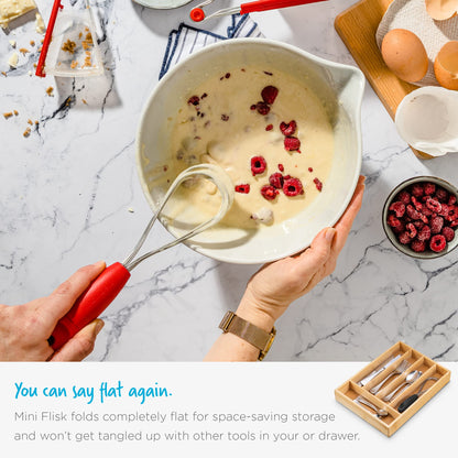 Dreamfarm Mini Flisk 3-in-1 Fold-Flat, Space-Saving Baking & Cooking Balloon Whisk, Sauce Whisk & Flat Deglazing Whisk, Stainless Steel - 9" Red
