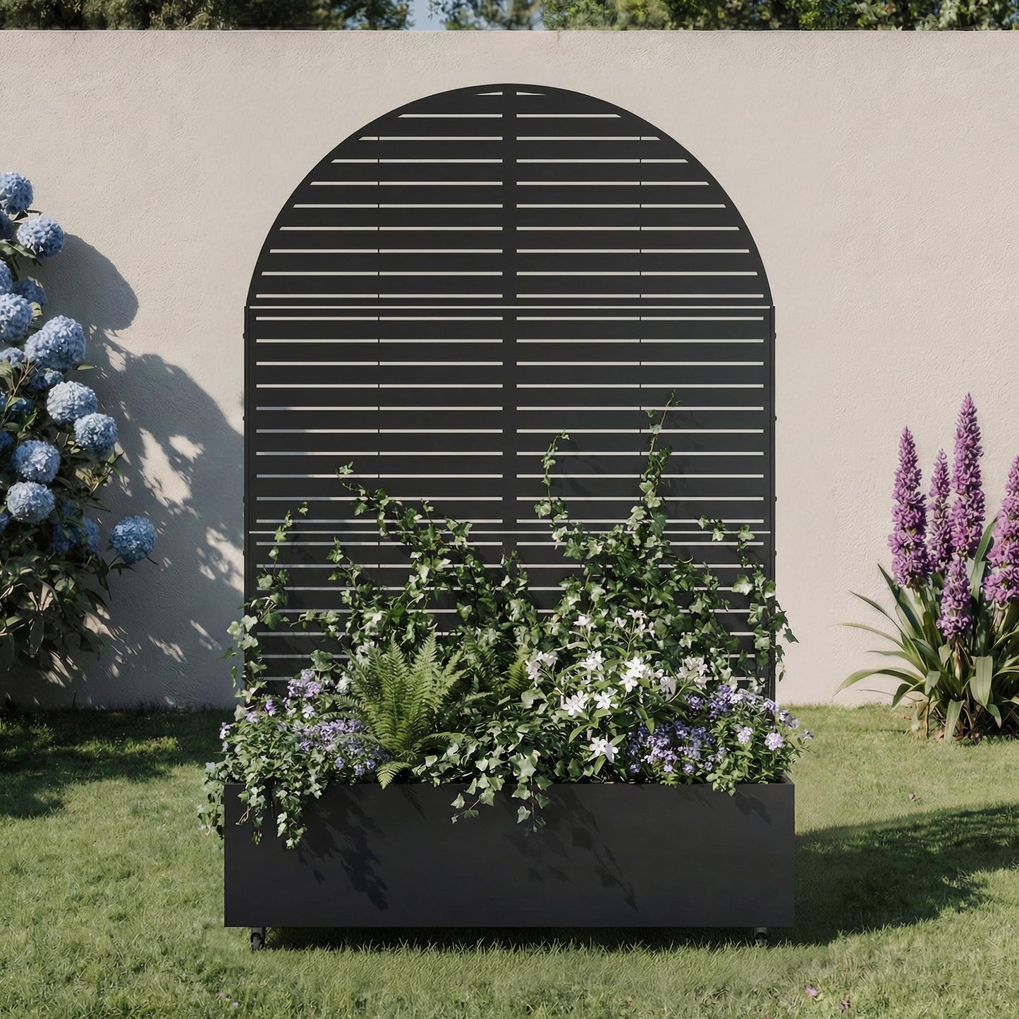 Metal Raised Garden Bed with Trellis and Wheels, 71"x47"x16" Planter Box with Privacy Screen & Drainage Holes, Arched Outdoor Garden Bed for Climbing Plants, Vegetables, Flowers (Black-Louvered)