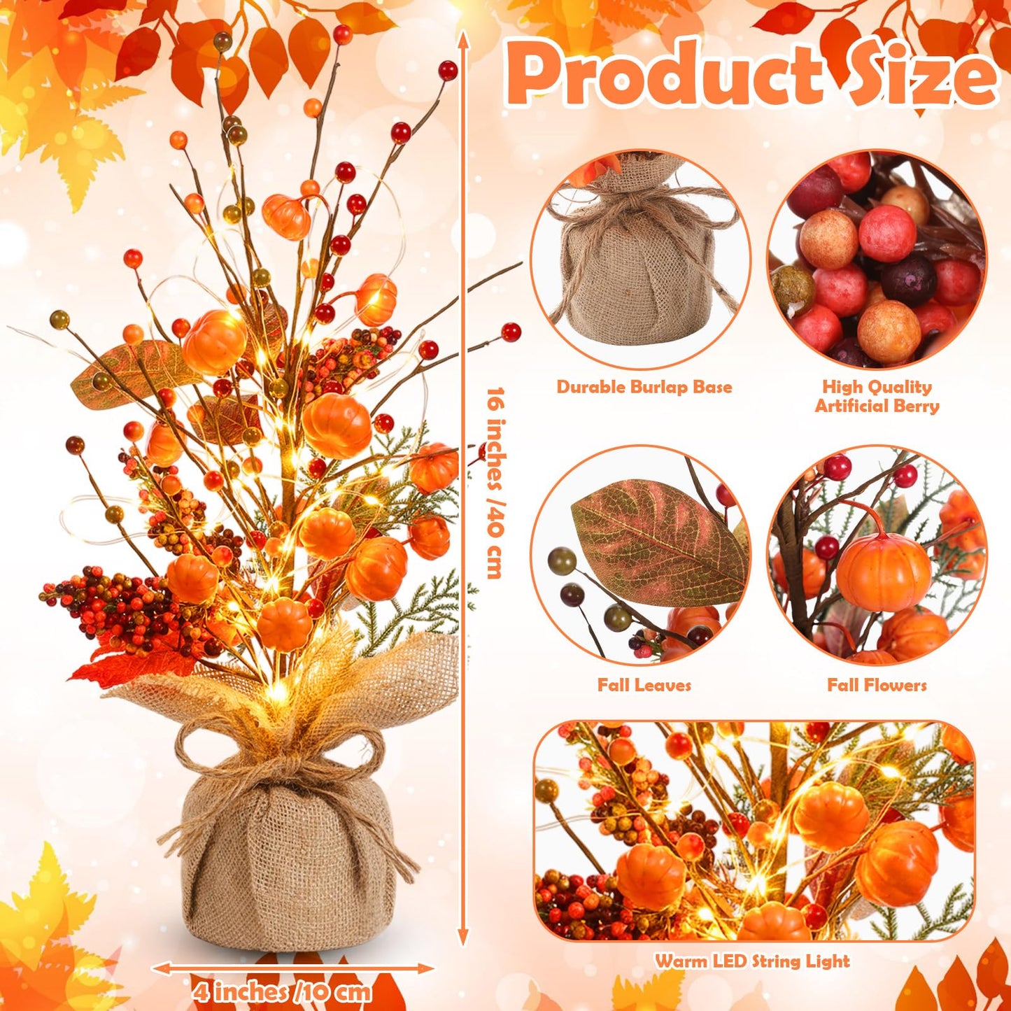 Pinkunn Fall Thanksgiving Centerpieces for Tables Decorations 16 Inch Lighted Fall Tree Tabletop with Artificial Pumpkins Berries Leaves Burlap Base Autumn Decor for Home Indoor Office Desk Party