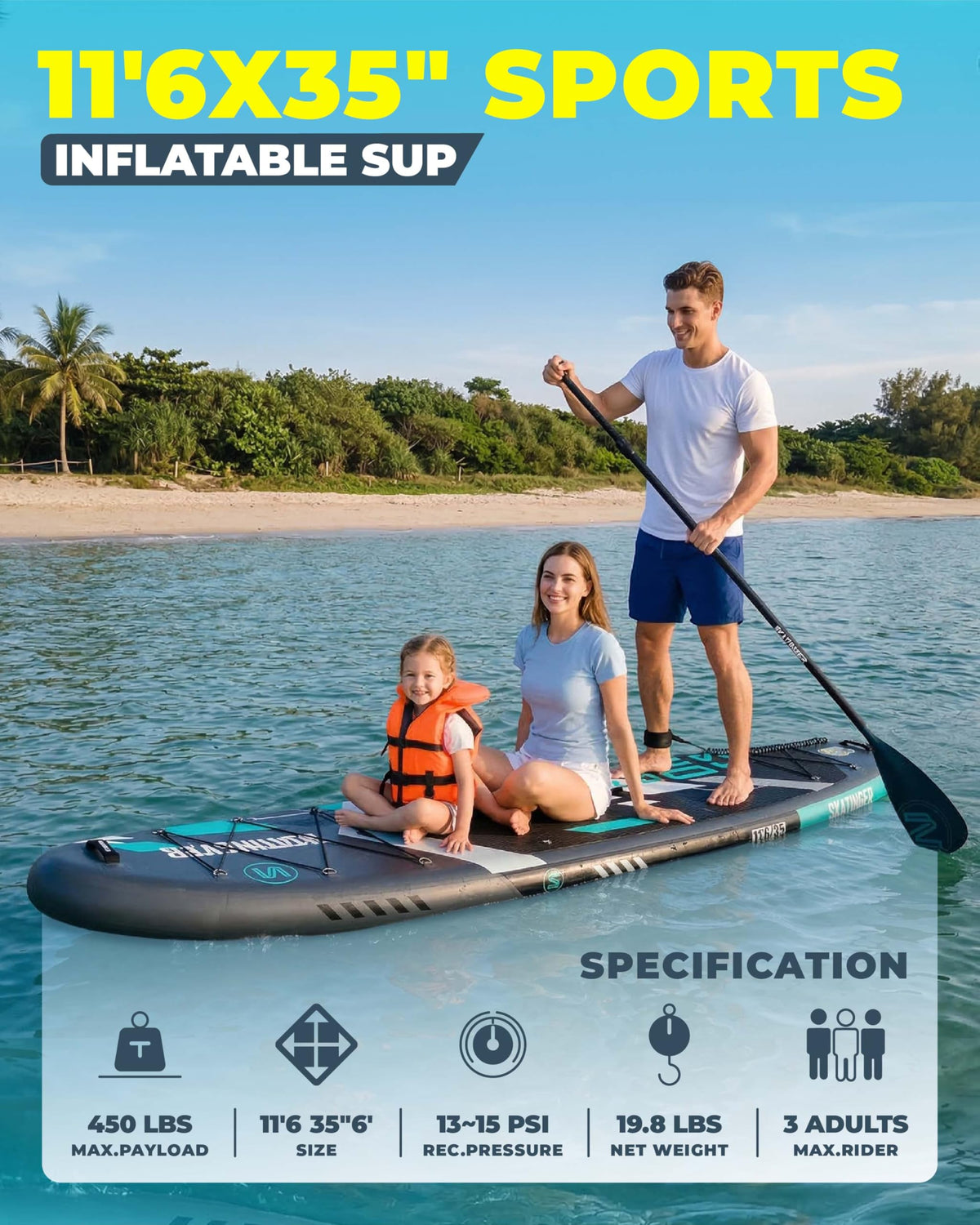 Skatinger 11'6×35" Super Wide Inflatable Paddle Board, Ultra Stable Stand Up Paddleboards for 450lb/3 People/Family/Big Size w/Shoulder Strap, 100L Backpack, All-Round Sup Board, US Fin