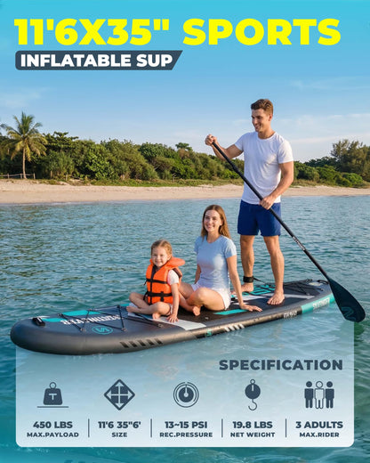 Skatinger 11'6×35" Super Wide Inflatable Paddle Board, Ultra Stable Stand Up Paddleboards for 450lb/3 People/Family/Big Size w/Shoulder Strap, 100L Backpack, All-Round Sup Board, US Fin