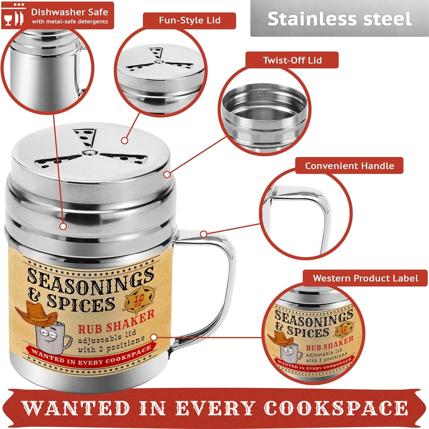 CUSINIUM [Pack of 2] 10 oz Seasonings Spice Shakers, BBQ Dry Rub Shakers with Adjustable Fan-Style Lid and Handles