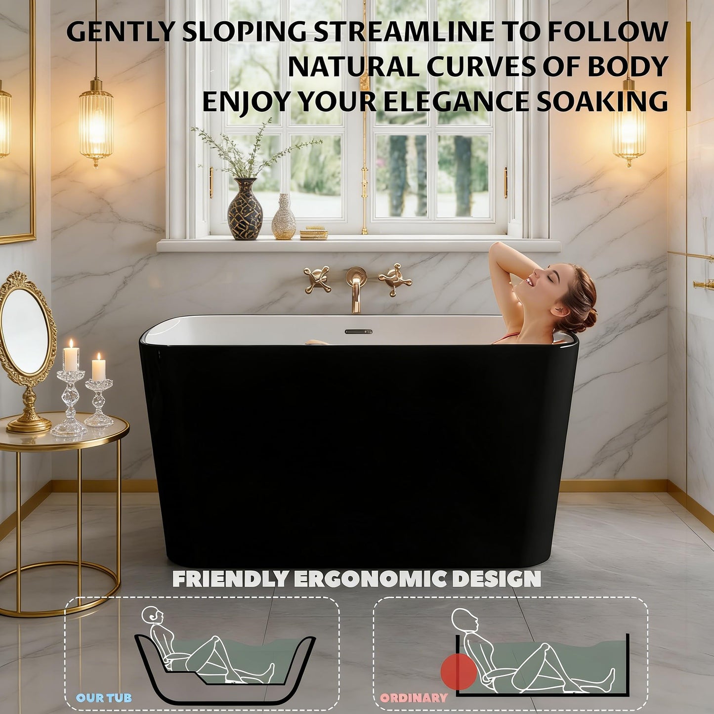 49" Modern Acrylic Freestanding Bathtub, Deep Soaking Stand Alone Tub with Chrome Overflow and Drain, Comfortable Small Space Tub, Black