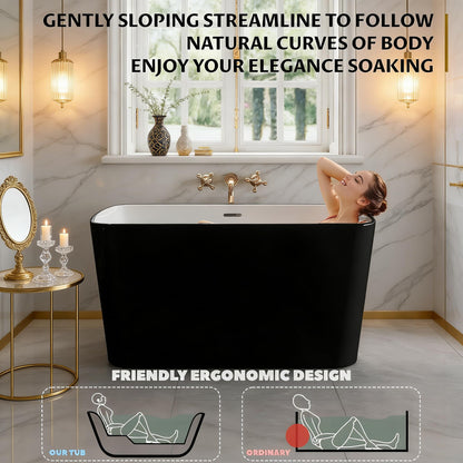 49" Modern Acrylic Freestanding Bathtub, Deep Soaking Stand Alone Tub with Chrome Overflow and Drain, Comfortable Small Space Tub, Black