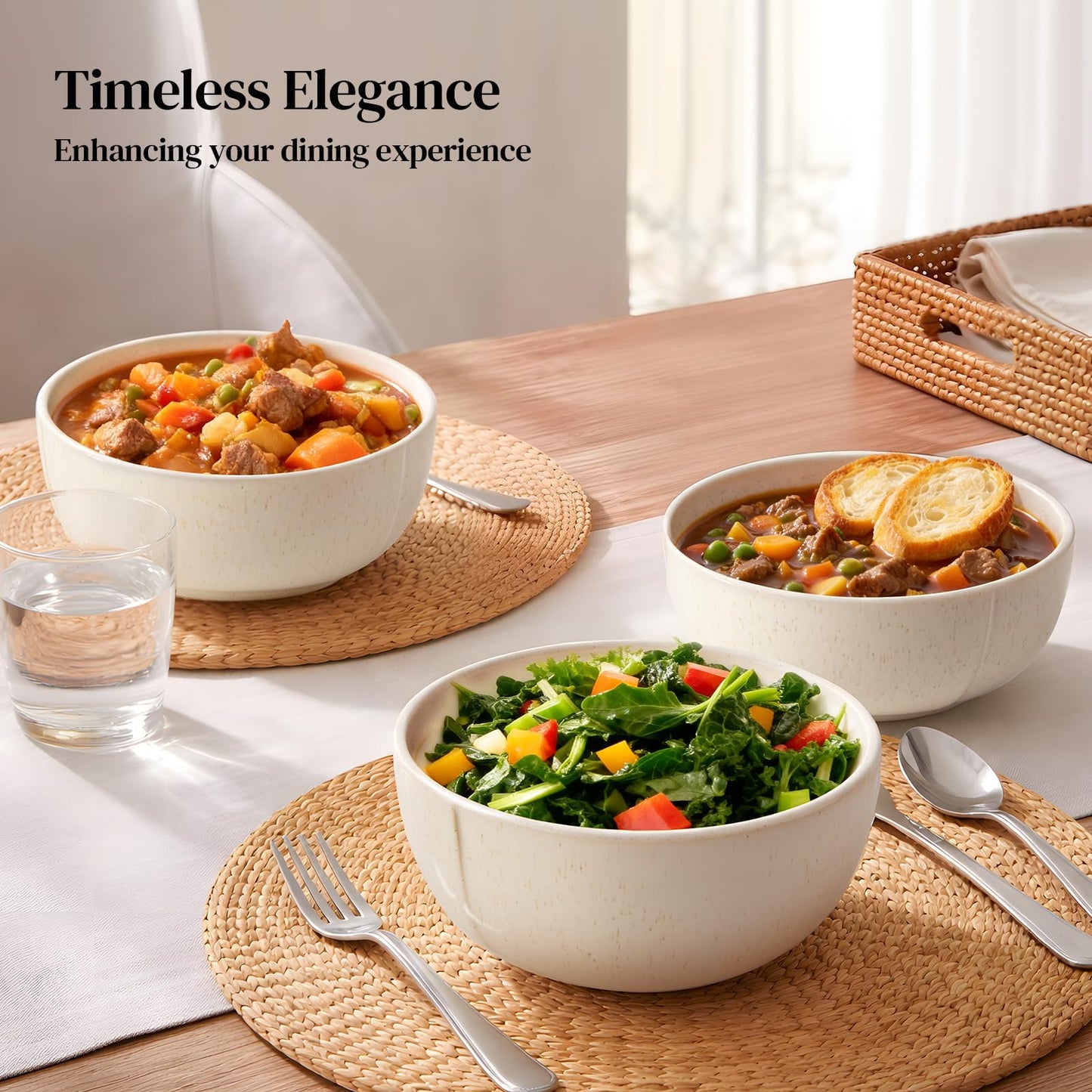 DOWAN 32 OZ Soup Bowls Set of 4, 6" Large Deep Ceramic Bowls with Embossed Sesame Glaze for Kitchen, Oatmeal, Soup, Salad, Fruit, Dishwasher & Microwave Safe