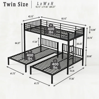 Bellemave Twin Triple Bunk Bed for Kids, Teens,Adults, Metal Twin XL Bunk Beds for 3, 3 bunk Bed for 3 Kids, Adults（Heavy Metal, Black）