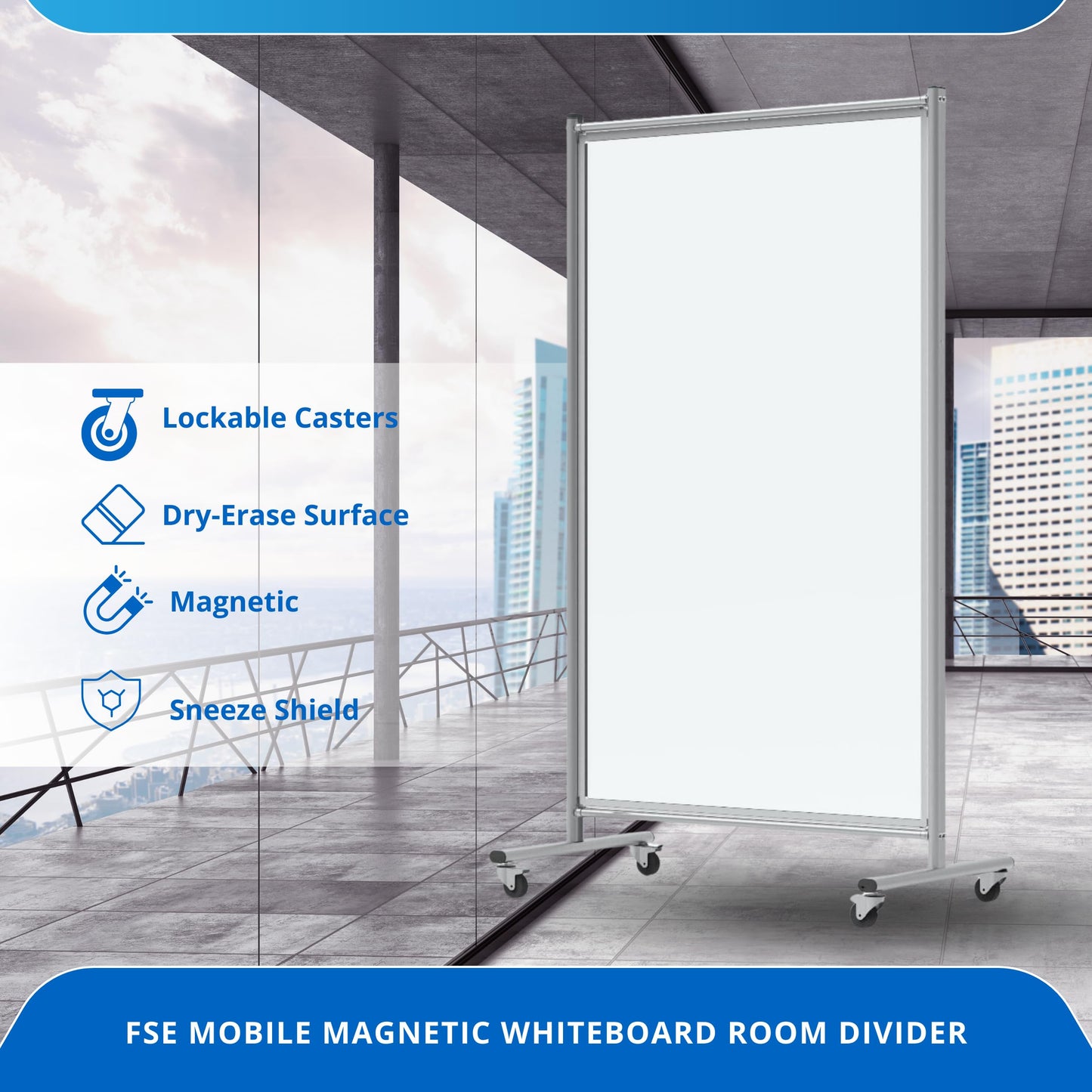 FSE 373-MD4072W Mobile Magnetic Whiteboard Room Divider, 75" Tall Double-Sided Board, Sound Proof Partition Wall Divider with Locking Casters, Steel Frame, Ghost-Resistant Surface, White/Silver