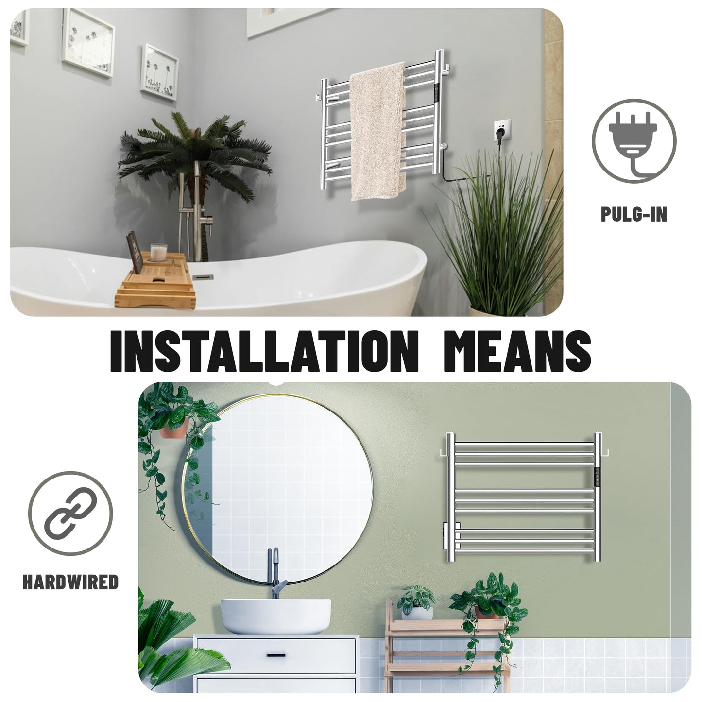K&KALONZO Towel Warmer for Bathroom, Wall-Mounted 9-Bar Heated Towel Rack with Built-in Timer, Waterproof Electric Towel Heater, Support Plug-in and Hardwired, Polished, EL13S