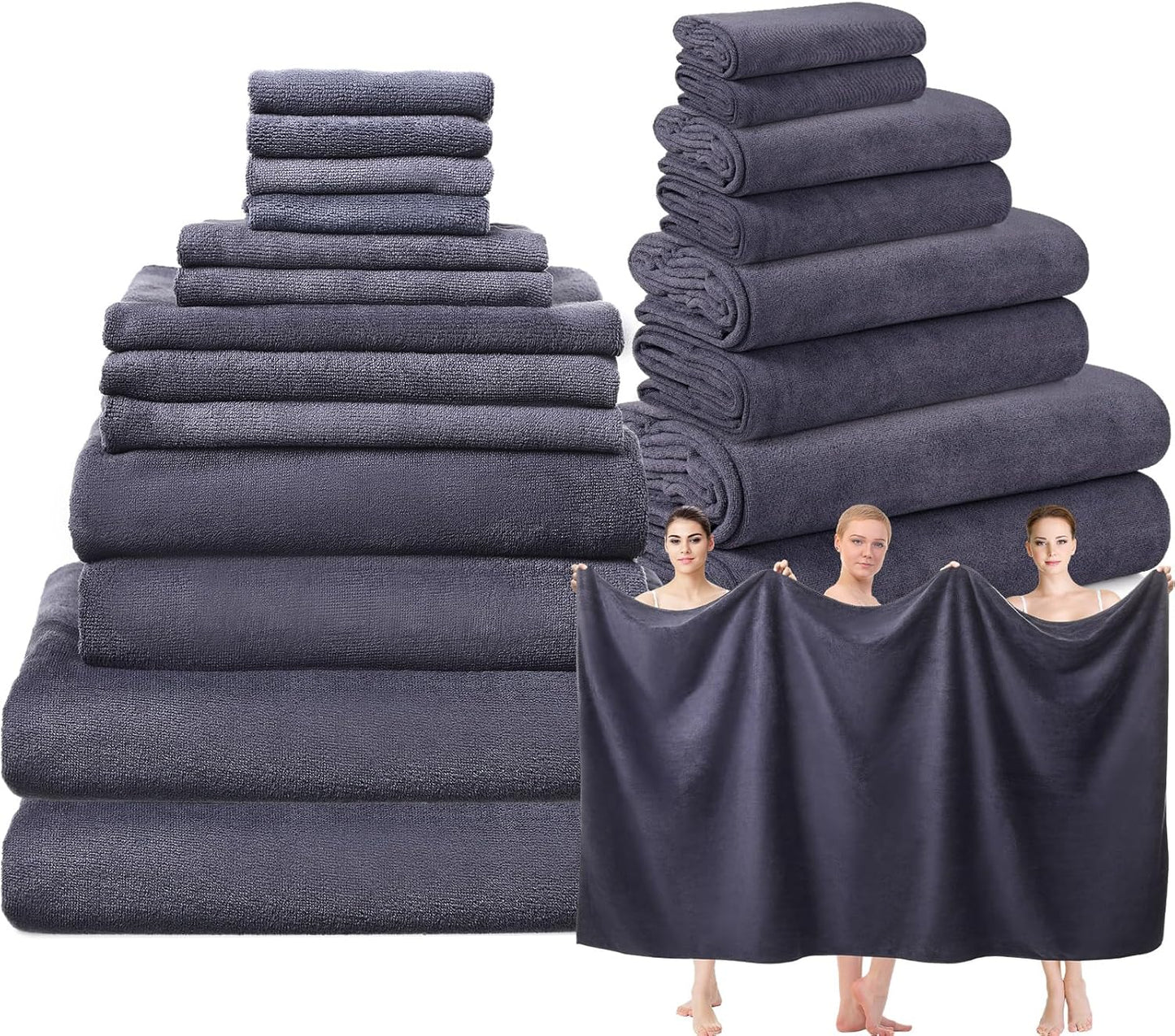 24 Set: 2 4 6 8 4 Mixweer Piece Dark Grey Microfiber Absorbent Towel Oversized Bath Sheets, Bath Towels, Hand