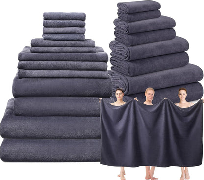 24 Set: 2 4 6 8 4 Mixweer Piece Dark Grey Microfiber Absorbent Towel Oversized Bath Sheets, Bath Towels, Hand