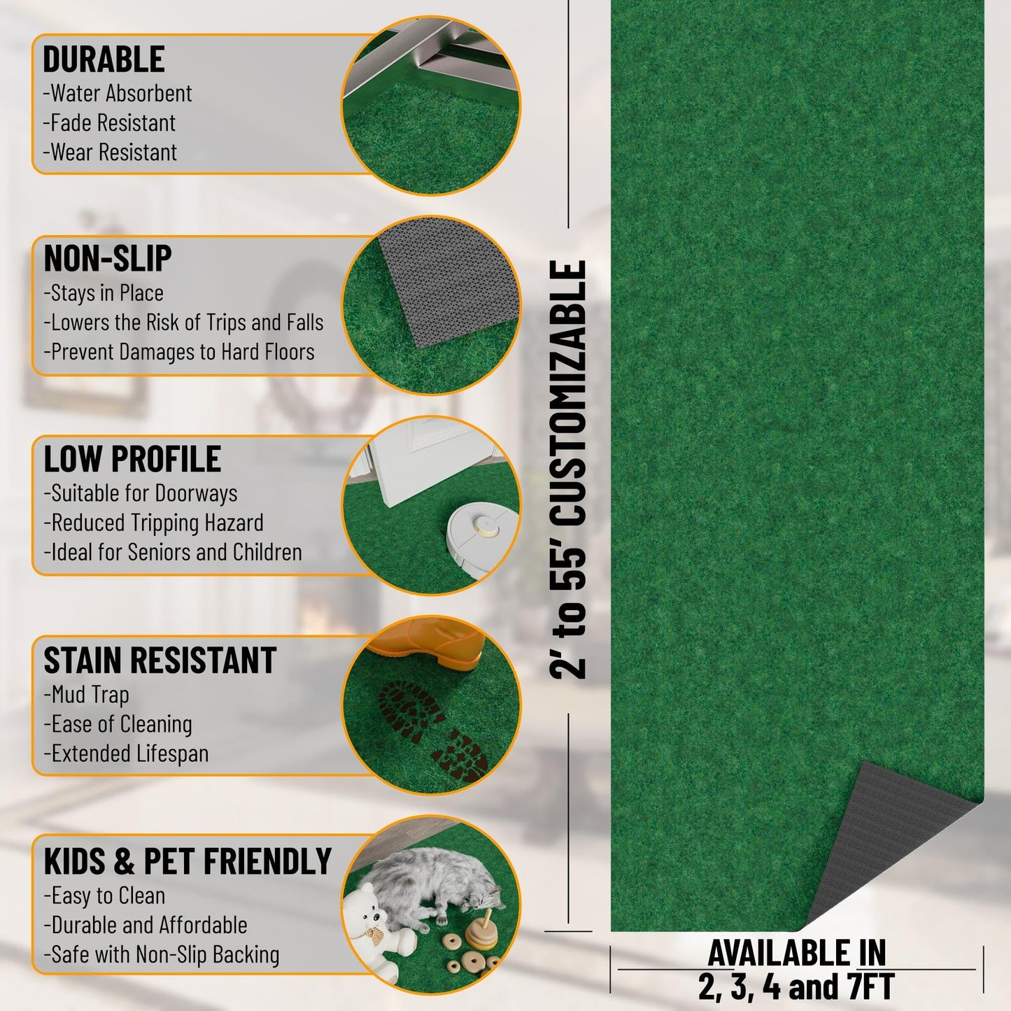 Ottomanson 6'6" x 31' Hallway Runner - Extra Durable Non-Slip Rug Mat for Indoor & Outdoor Use - Ideal for Kitchen, Entryway & Garage - High-Traffic Carpet, Green