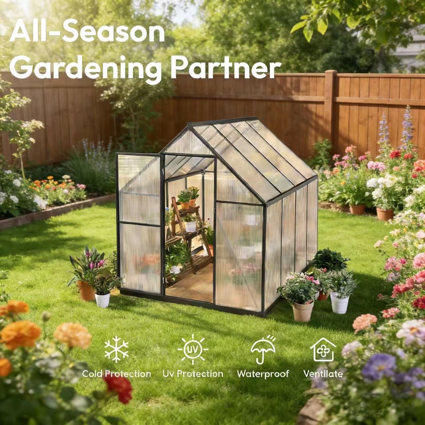 6x8 FT Greenhouse for Outdoors, Walk-in Greenhouse with Quick Setup Structure and Roof Vent, Aluminum Large Green House for Outside, Garden Backyard, Dark Gray