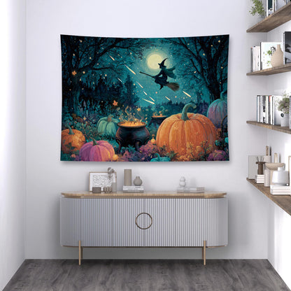 Liuzhouzai Halloween Pumpkin Tapestry Wall Hanging Broomstick-Riding Witch Personalized Background Living Room and Bedroom Wall Decoration 48 x 36 Inches