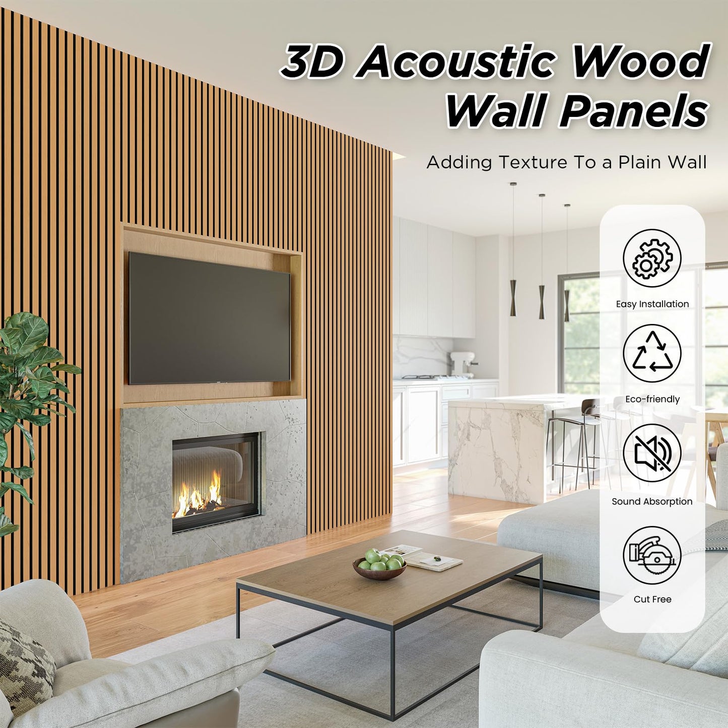 Smartstandard 4 Pack 106" x 12.6" Wood Slat Wall Panels, Soundproof Wooden Wall Panels, Acoustic Wood Panels for Wall, 3D Fluted Wooden Panels for Interior Wall Decor, Light Brown