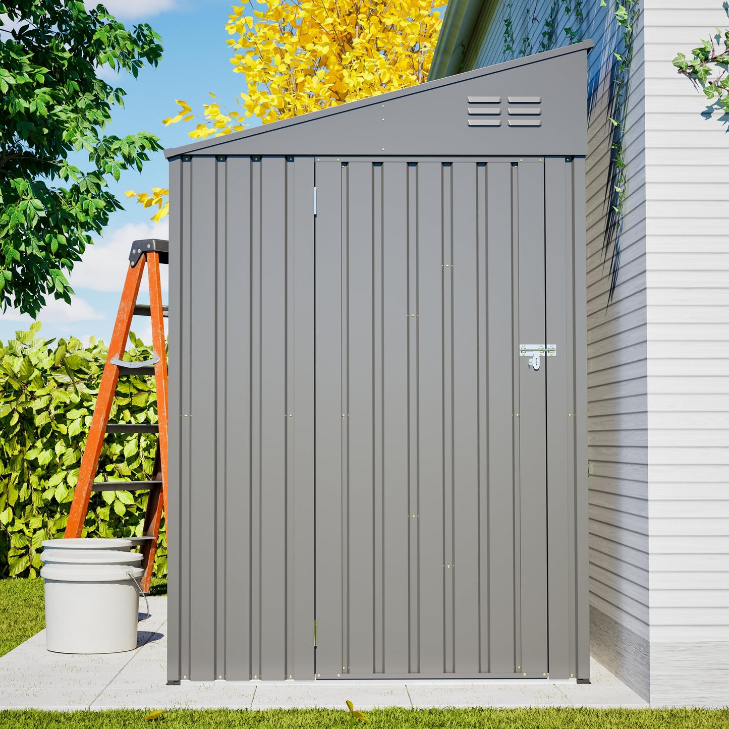 YOPTO 4x7 FT Outdoor Storage Shed Lean to Shed,Metal Shed W/Lockable Door & Air Vent,All Weather Waterproof Garden Tool House W/Reversible Installation,for Backyard,Patio,Lawn,Olive Gray