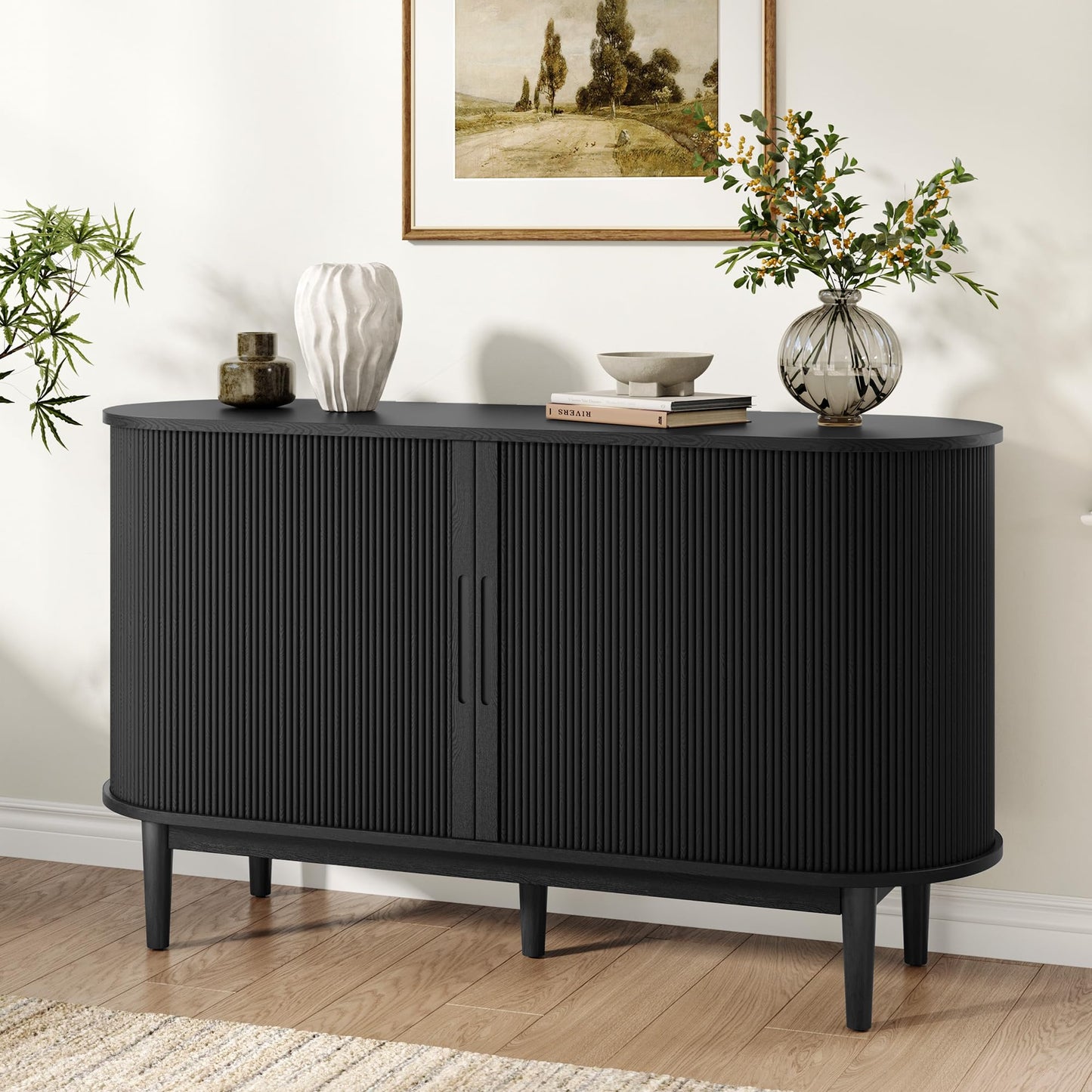 LINSY HOME Sideboard Buffet Cabinet with Storage, 55" Fluted Coffee Bar Cabinet with Tambour Sliding Doors and Drawer, Mid Century Modern Wood Storage Buffet Table for Kitchen (Black)