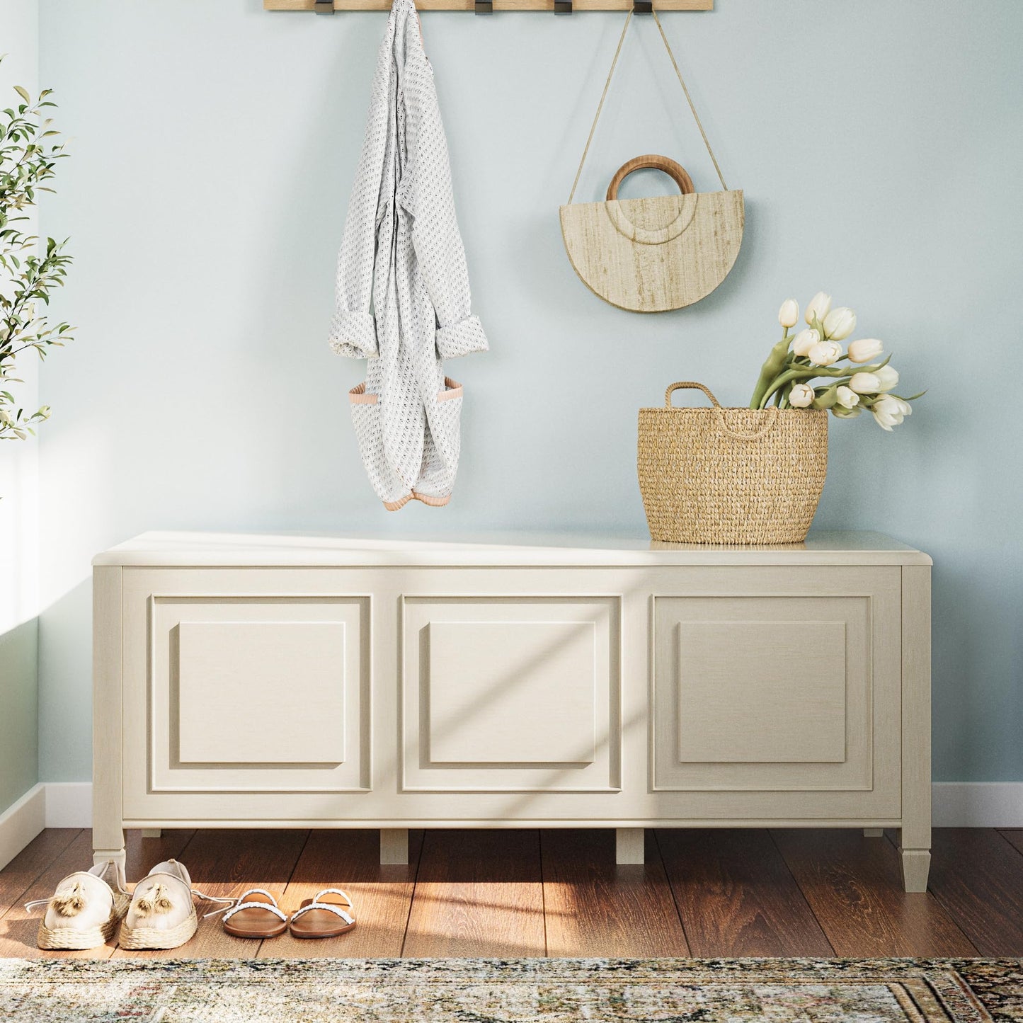 SIMPLIHOME Connaught Storage Bench - 51 inch Wide Solid Wood Trunk Bench in Antique White, Traditional Bench for Entryway with Lift-Up Lid and 3 Hidden Compartments