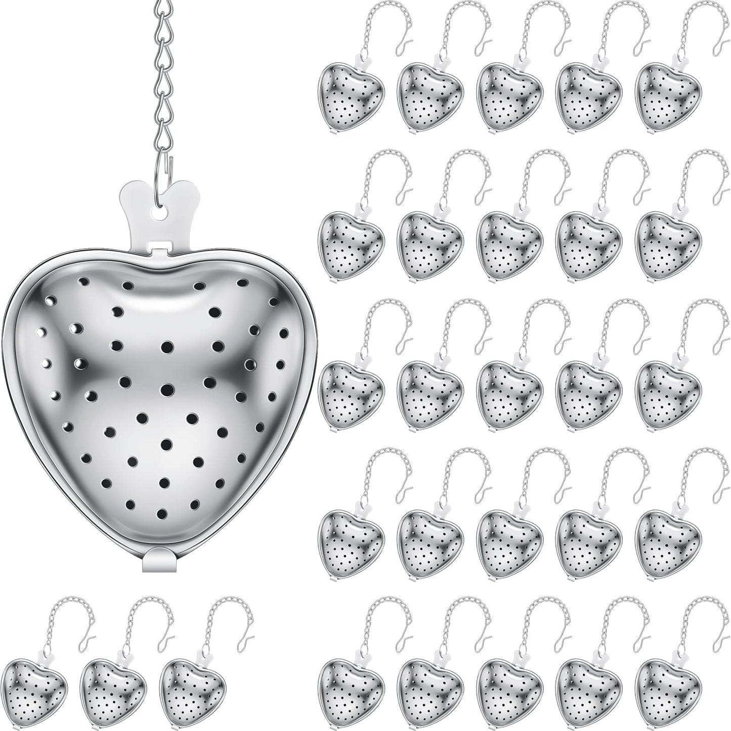 Sumind 50 Pcs Stainless Steel Tea Strainer Ball Infuser Loose Leaf Steeper Interval Diffuser Heart Shape Mesh Filters with Extended Chain Hook for tea party Seasonings Cup Bottle(Silver)